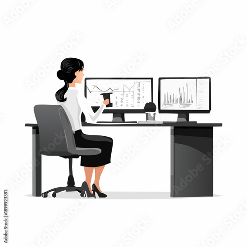 Businesswoman analyzing stock market data on dual monitors in modern office, reviewing documents, and drinking coffee during a workday.