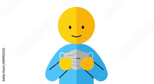 Minimalist Flat Design Avatar Holding a Medical Protective Face Mask. Public Health, Virus Prevention, and Safety Measures Vector Illustration on White.