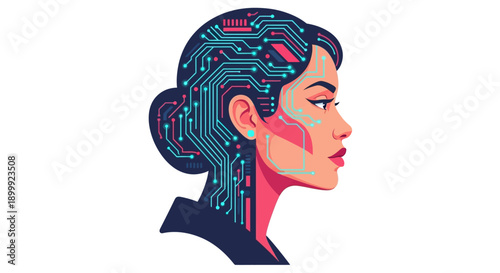 Artificial Intelligence Woman Head Profile with Digital Circuit Board Brain. Vector Illustration of Cybernetic Female and Neural Network Technology.