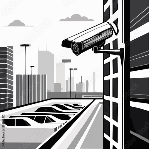 Security camera mounted on a building looking over a parking lot in a black and white grayscale image featuring urban surveillance