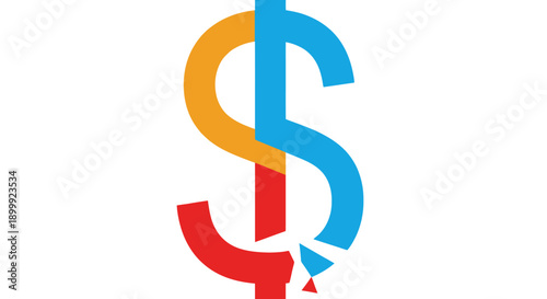 Modern Fragmented Dollar Sign Vector Icon. Economic Instability, Debt Crisis, and Financial Breakdown Concept Illustration in Bright Colors.