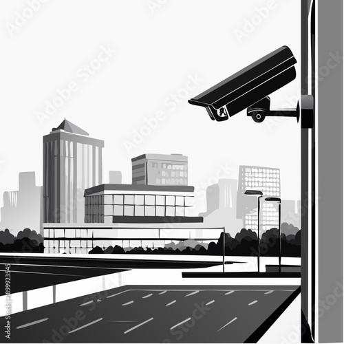 Security camera mounted on a building looking over a parking lot in a black and white grayscale image featuring urban surveillance
