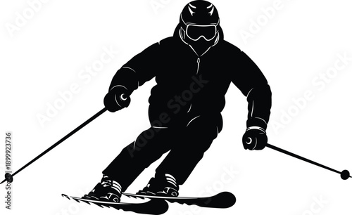Black silhouette of skier in dynamic crouched position with helmet, goggles, and gear for winter sport, alpine vector design use.