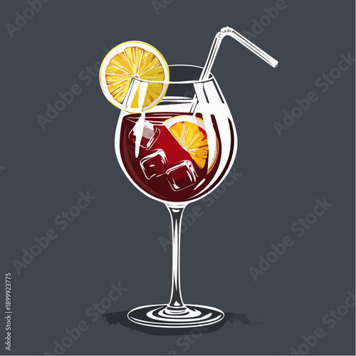 Close-up view of a refreshing red sangria with ice cubes and lemon slices in tall wine glass on a dark surface, summer drink concept.