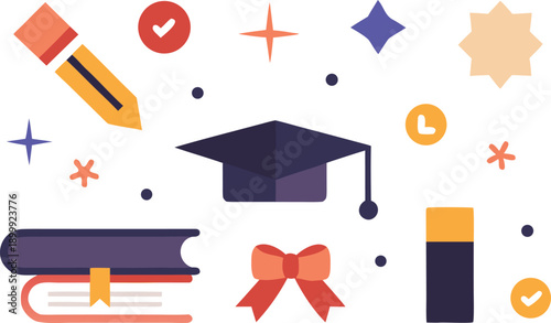A flat design illustration featuring educational icons like a graduation cap, books, and writing tools, symbolizing learning and achievement. isolated on transparent background, Vector, illustration