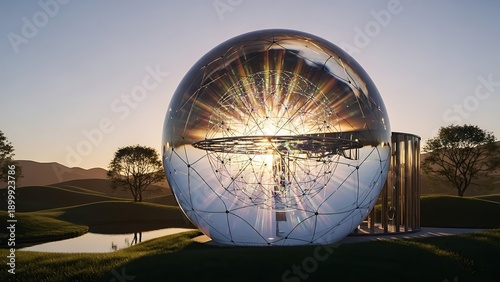 Stunning Glass Sphere Building Reflecting Sunset, Nestled in a Serene Natural Landscape