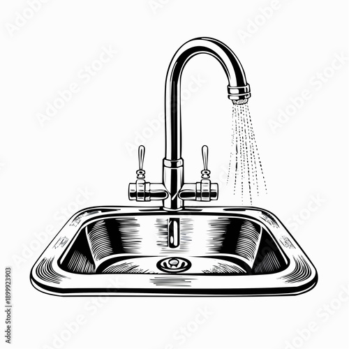 Chrome faucet dispenses water stream into the metallic kitchen sink for domestic use, showing kitchenware
