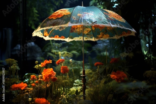 Wallpaper Mural Decorated umbrella illuminating a lush garden with vibrant orange flowers in a whimsical night scene Torontodigital.ca