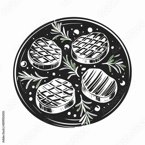 Grilled beef medallions arranged on dark surface with rosemary garnish and seasoning for steakhouse dinner preparation.