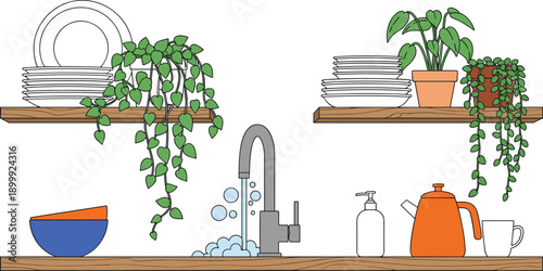 Minimal kitchen sink illustration with wooden shelves plates plants faucet kettle cup modern home interior cartoon vector design