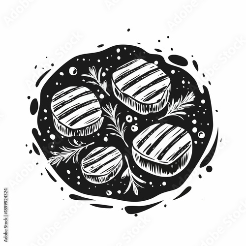 Grilled beef medallions arranged on dark surface with rosemary garnish and seasoning for steakhouse dinner preparation.