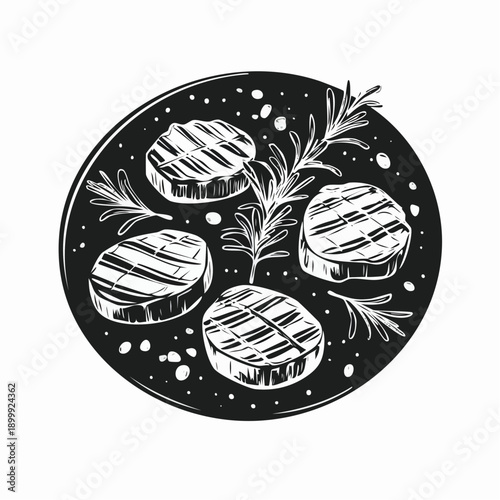 Grilled beef medallions arranged on dark surface with rosemary garnish and seasoning for steakhouse dinner preparation.