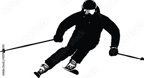 Black silhouette of skier in motion with helmet and gear, turning on slope for winter sport, alpine action vector design use.