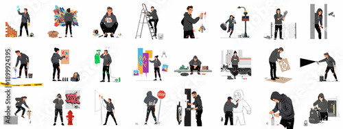 Set of vector illustrations depicting young graffiti artists and street painters, highlighting urban art, vandalism, creative expression, and youth culture.