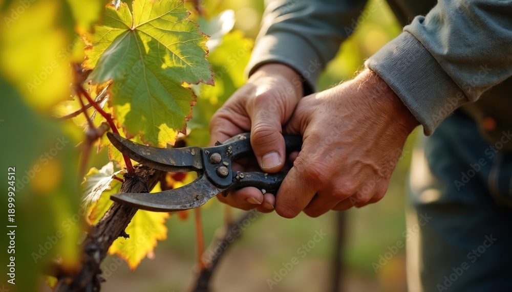 Naklejka premium Farmer hands hold pruning shears cutting a grape vine. Man works in vineyard during fall harvest season. Close-up on vine plant leaves and branch.