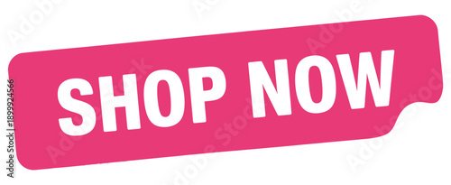 Bright pink banner with bold white text saying shop now isolated design