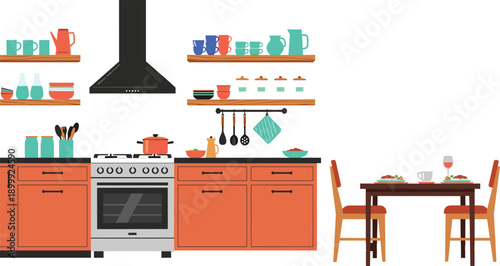 Modern kitchen interior with stove cabinets shelves cookware dining table chairs flat vector illustration home cooking lifestyle concept design