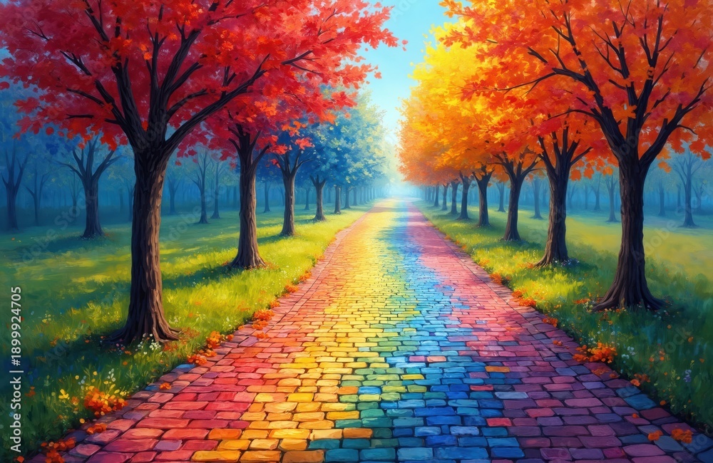 Naklejka premium Pathway lined with trees showing autumn foliage in vibrant red, yellow colors. Paved path features rainbow of colorful bricks, leading into misty forest background with green grass, scattered