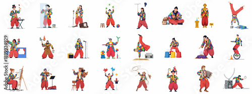 Colorful street performers and buskers showcasing diverse talents like music, magic, juggling, and acrobatics, flat vector illustration set.