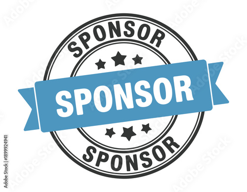 A circular sponsor badge with a blue ribbon banner design