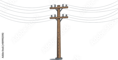 Wooden utility pole with multiple power lines, realistic vector illustration, rural electric infrastructure, isolated background, energy transmission structure design