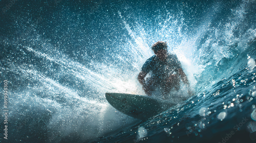 Obraz premium Person on a surfboard riding a powerful ocean wave with dynamic action and exhilaration, Generative AI illustrations.
