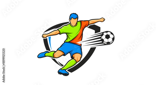 Dynamic Soccer Player Kicking Ball in Action.