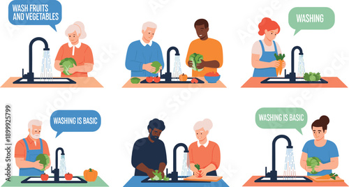 People washing fruits and vegetables at kitchen sink illustration food hygiene healthy lifestyle cooking safety concept flat vector design