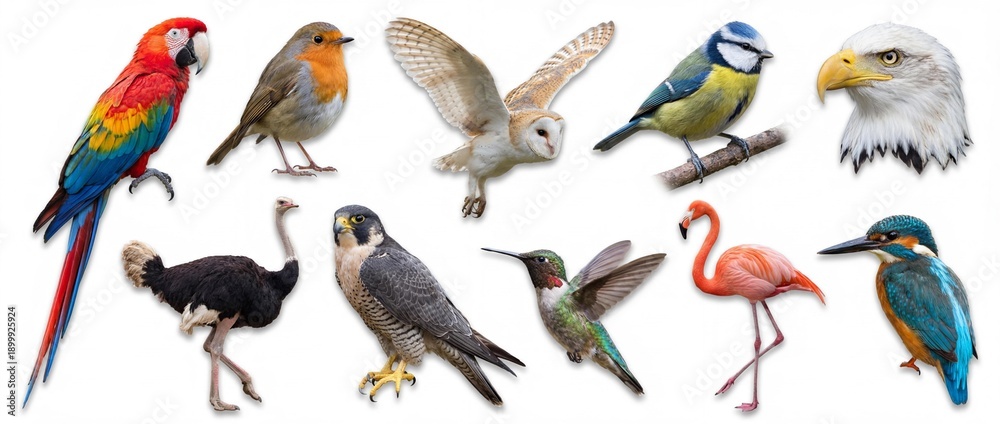 Naklejka premium Realistic Bird Species Vector Set. High Quality Illustrations of Great Tit, Sparrow, Robin, Barn Owl, Hummingbird, Bald Eagle, Scarlet Macaw Parrot, Mallard Duck, Pink Flamingo and Emperor Penguin Chi