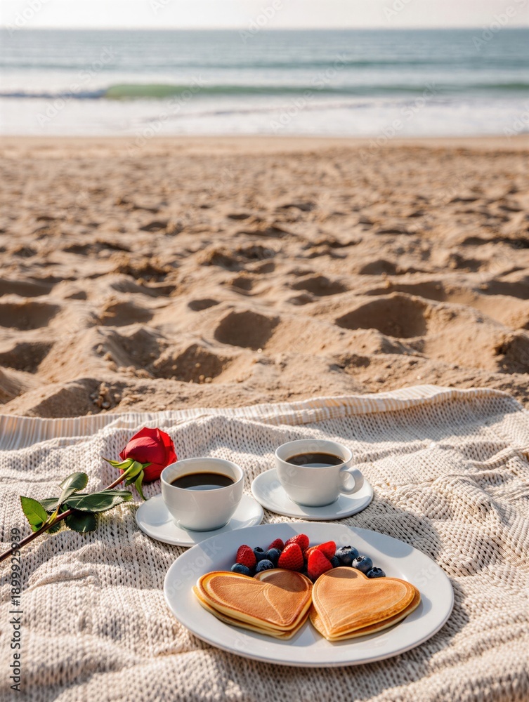 Naklejka premium Heart-shaped pancakes served with fresh berries and coffee on a sandy beach. Romantic breakfast setting by the ocean.