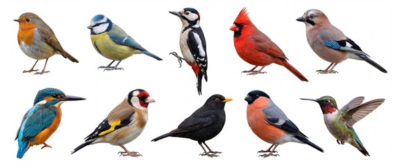 Set of realistic bird photos isolated on white background. High-quality collection featuring robin, blue tit, woodpecker, northern cardinal, jay, kingfisher, goldfinch, blackbird, bullfinch, and hummi