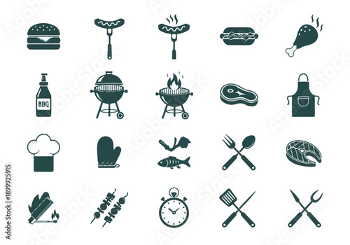 BBQ and Grilling Food and Tools Silhouette Icons Set