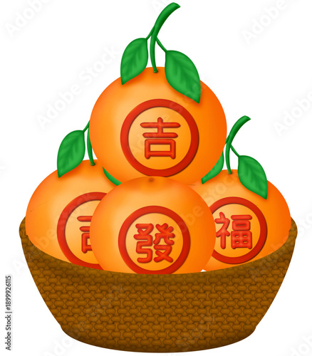  Oranges with green stalk and leaves paste red Chinese letters Fu, Fa and Ji which mean good luck, fortune, generate, disperse, flourish, auspicious, lucky, and propitious put in woven wooden basket.