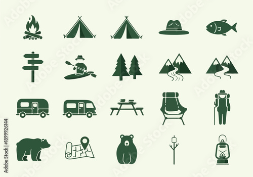 Collection of Outdoor Adventure and Camping Flat Design Icons
