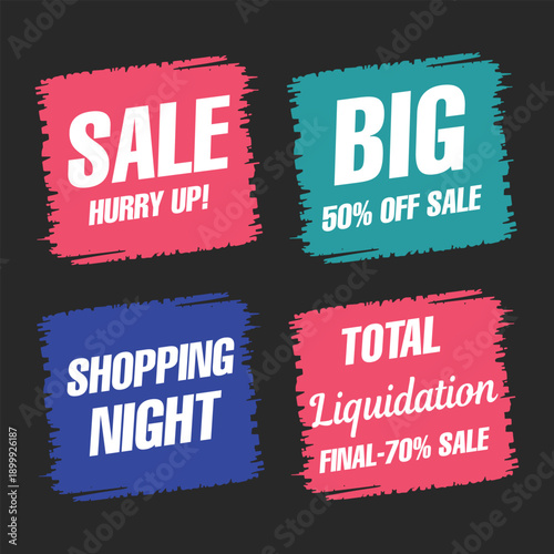 colorful sale discount labels on dark background