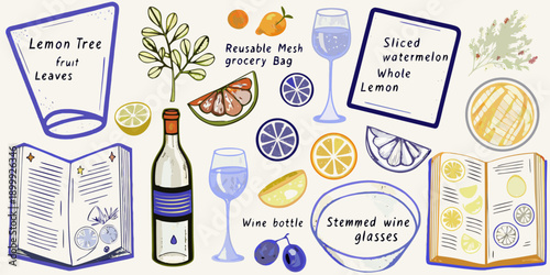 Colorful illustration featuring fruits wine and grocery shopping elements