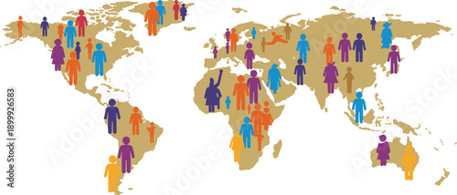 World map with diverse human icons, global population illustration, demographic distribution, colorful figures, cultural diversity, vector design, inclusion theme, white background, global unity