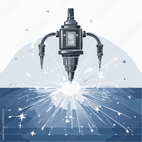 Automated industrial laser cutter producing bright sparks while cutting metal in a factory with blue background, precise manufacturing equipment