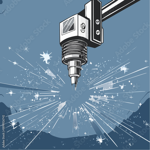 Automated industrial laser cutter producing bright sparks while cutting metal in a factory with blue background, precise manufacturing equipment