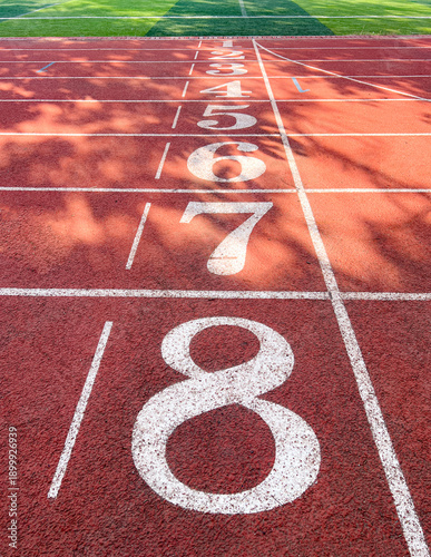 Vertical perspective of red rubber running track lane number 8 with receding start lines. Authentic outdoor stadium, ideal for sports competition, racing background, and athletic training concepts.