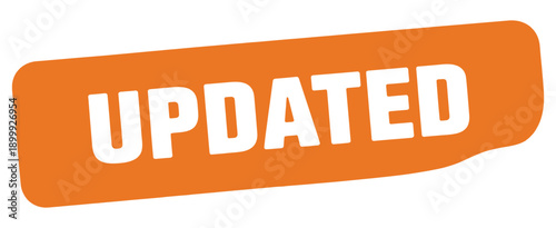 An orange label with the word updated prominently displayed in white lettering