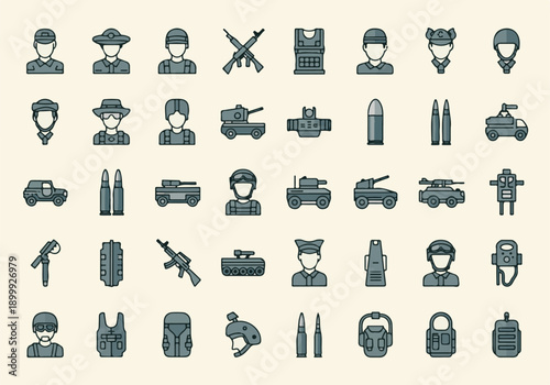 Military and Army Icons Set - Soldiers, Weapons, Vehicles, Equipment