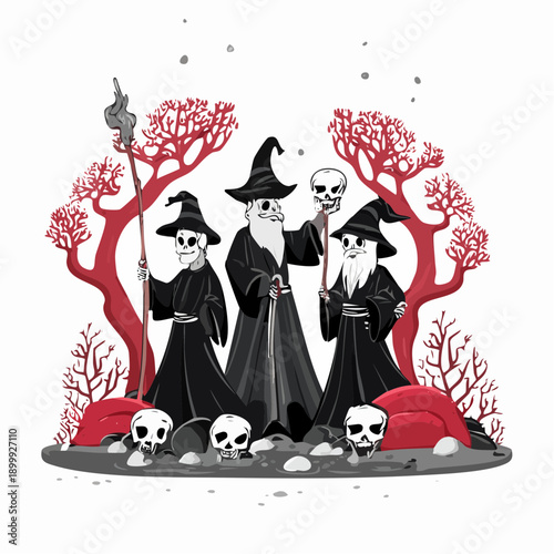 Miniature wizards in robes holding staffs with skulls, standing in a mystical woodland setting with red coral and rock formations
