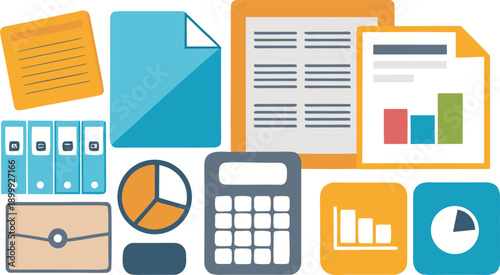 A collection of office supplies and business-related graphics, including charts and documents isolated on transparent background, Vector, illustration