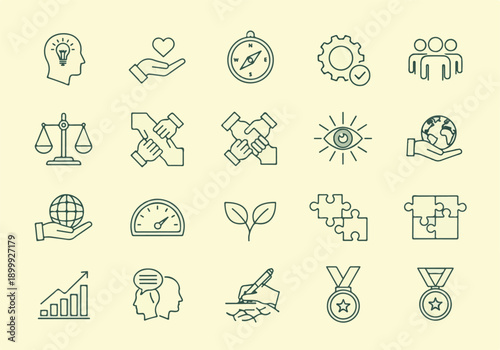 Business, social responsibility, and growth concept line icons set