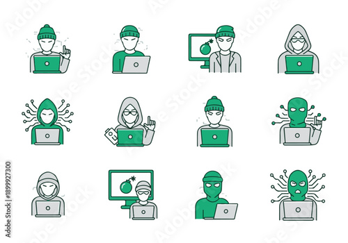 Hacker and Cyber Security Icons: Digital Threat, Cybercrime, and Online Fraud