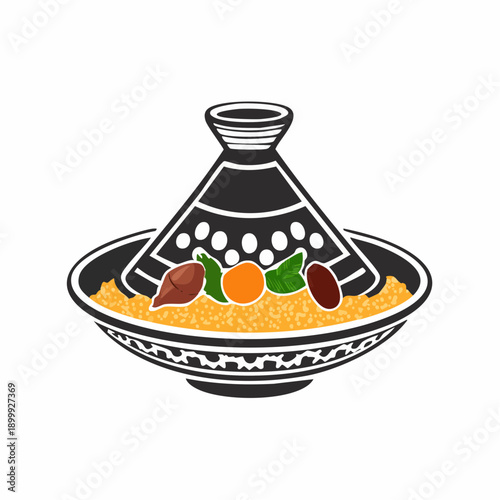 Traditional Moroccan tajine with beef, dried fruit, and couscous in ceramic serving dish.