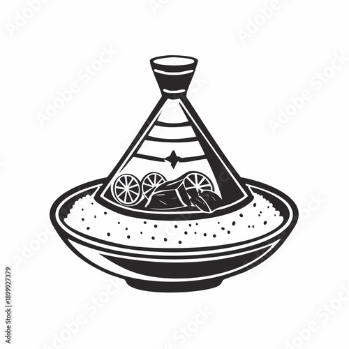 Traditional Moroccan tajine with beef, dried fruit, and couscous in ceramic serving dish.