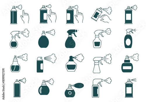 Spray bottles and aerosol cans vector icons set for product packaging