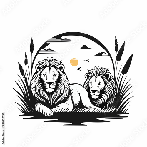 Two lions resting in golden grass during sunset in the African savanna creating a serene moment of tranquility